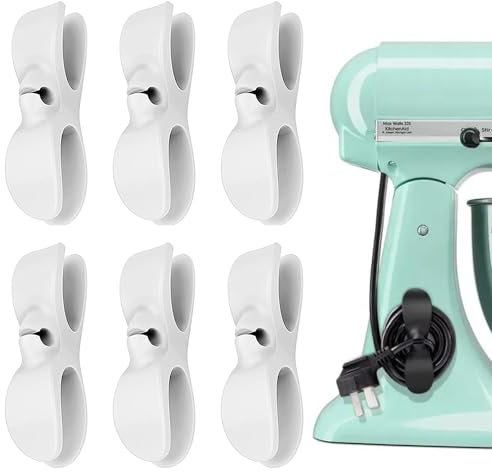 Organizador de Cables Adhesivos. Sujeta Cables Ideal para Electrodomesticos Cocina o Pasacables Escritorio. Recoge Cables para Ordenar. 6 Clips Adhesivos Blancos para Esconder Cables en la Cocina