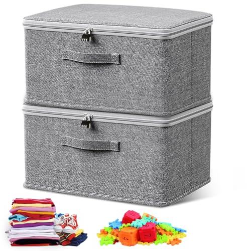 Zamety 2 Pcs Lockable Storage Box, Fabric Foldable Storage Box with Lids | Grey Organiser Box with Lids, Storage Box with Combination Lock for Bedding, Clothing, Toys, Medicines, 30 x 20 x 14 cm