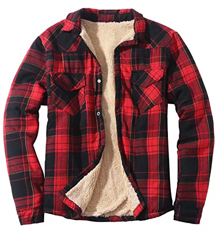 Generisch Chemise de travail à carreaux pour homme - Chemise thermique - Poches en laine d'agneau - Chemise à carreaux - Chemise épaisse en flanelle doublée - Veste polaire - Automne - Hiver - Veste