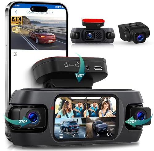 Hodozzy 360° Auto Dashcam 4K mit 5GHz WiFi, 4 Kameras Vorne Hinten, 8 IR-Nachtsicht, 3 Zoll IPS Touchscreen, Loop Aufnahme, G-Sensor, GPS-Ortung,Dash cam mit App-Steuerung
