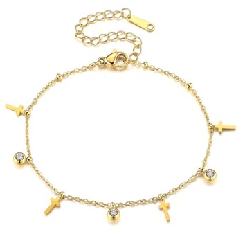 PiercingJak Kreuz Armband Damen Gold Edelstahl Armkette mit Kreuz Zirkonia | Charms Figaro Armbänder Wasserfestes Verstellbar Kettenarmband Mode Schmuck Christliche Geschenke für Frauen