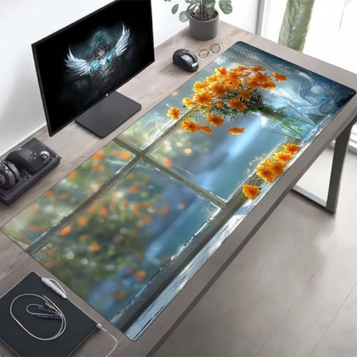 Mouse Mat Flower Large Gaming Mouse Pad Yellow Stitched Edges, Mousepad Non Slip Rubber Base, Waterproof Soft Cloth, Computer Accessories for Office Decoration, Gifts 100 x 40cm PjY7946 Q-K