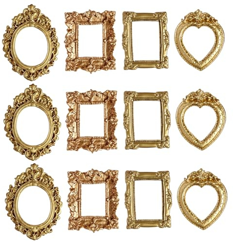 Hbbgdiy 12er-Pack Mini-Goldrahmen, barock, antik, kleines Bilderrahmen-Set mit 4 Formen zum Basteln, Galerie, Wand, Puppenhaus, DIY, Display, kleine Fotorahmen-Dekoration, golden