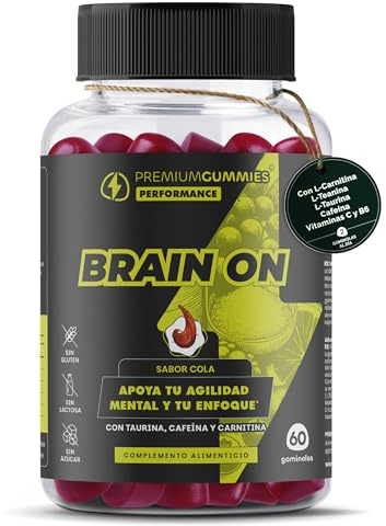 Cafeína, L-Teanina, L-Taurina, L-Carnitina, Vitamina C, B6 Gominolas Energéticas - Sabor Cola - Energía y Enfoque Mental - Sin Azúcar - Vegano - Sin Gluten o GMO - 60 Gom. - 30 Días by Premium Gummies