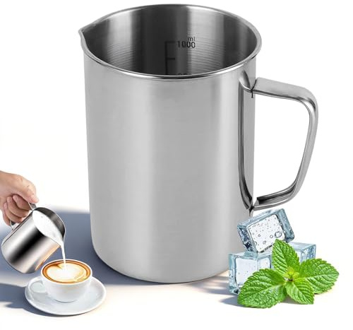 Stainless Steel Measuring Jug 1000ml, Milk Frothing Mixing Pitcher with Handle and Scale Metal Measure Cup for Candle Making Coffee Machine Kitchen Baking