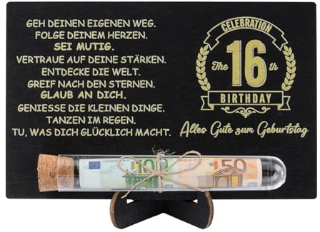 WANDIC Geldgeschenk-Verpackung 16. Geburtstag, Holzkarte mit Reagenzglas, Geburtstagsgeschenk für Frauen Männer, inkl. Holzständer, Geldgeschenke originell verpacken
