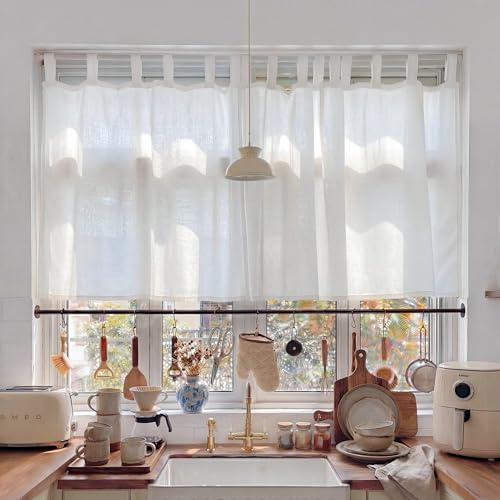 Daliena Scheibengardine Leinenoptik Halbtransparent BxH 120x100cm 1 Stück | Weiß mit Schlaufen, Modern Küchegardine, Fenster Gardinen, Bistrogardine Einfarbig Lichtdurchlässige Vorhänge kurz