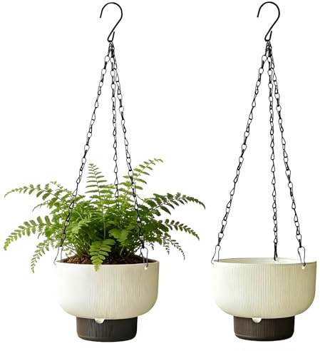 YuanDiann Lot de 2 pots de fleurs suspendus, à arrosage automatique, en plastique, pour l'intérieur et l'extérieur, avec réserve d'eau, blancs, 16 cm