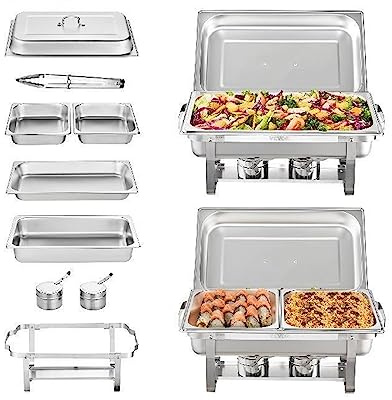 8QT Confezione da 2 Chafing Dish Buffet Set Chafer in acciaio con padelle intere e 4 mezze dimensioni Scaldavivande rettangolare coperchio,Elevata Stabilità