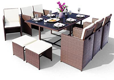 Swing & Harmonie Sitzgruppe Garten - Rattanmöbel Outdoor - Robuste Gartenmöbel - Hochwertige Gartengarnitur - Garten-Essgruppe - Outdoormöbel - Esstisch (11-Teilig, braun)