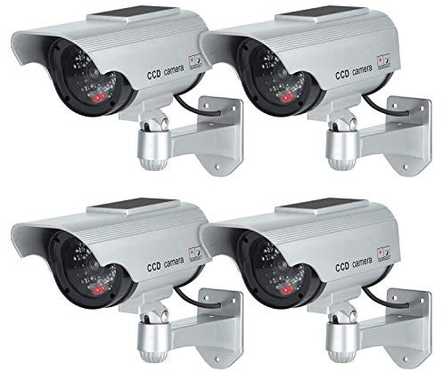 TOROTON Cámara Falsa Dummy Cámara con Energía Solar de Seguridad LED Parpadeante Sistema de Vigilancia Cámara Simulada, para Uso en Interiores o Exteriores, 4 Pieza Plata