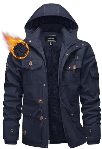 KEFITEVD Veste Thermique d'hiver pour Hommes Veste de Chasse 5 Poches Manteau Polaire à Capuche,Bleu Marine,2XL