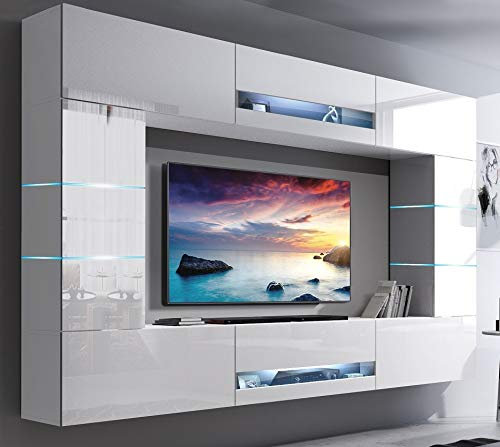 FURNITECH Wohnwand Wohnzimmer | Wohnzimmer Möbel mit LED Blau | Hängend Wohnwand Modern | Wohnzimmer Schrankwand mit Regale und TV Schrank (Future 63/HG/W/2 1B | 273 cm)
