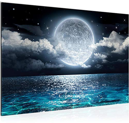 Runa Art Bild Vollmond Meer Modern Wandbilder Wohnzimmer Schlafzimmer 1 Teilig - Made In Germany - Nachthimmel Mond Blau Flur 025315a