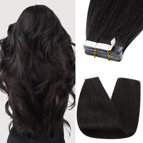 Silk-co Tape in Hair Extensions 12in 100% Real Remy Straight Human Hair Straight Invisible Glue Skin Weft 10 Pcs 20g #1B Natural Black
