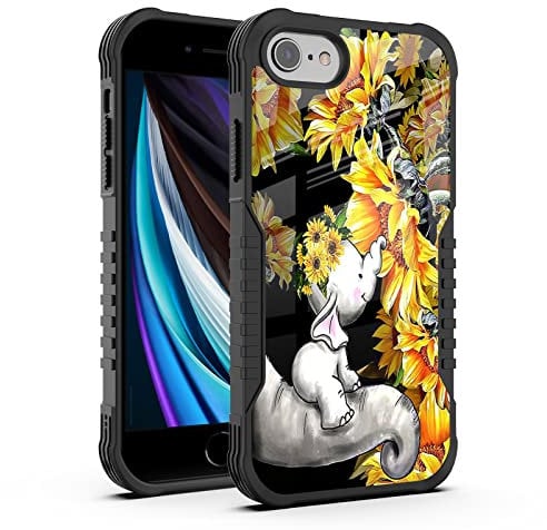 FJyuanqi for iPhone SE 2022/2020 Case Baby Elephants with Sunflowers Design Heavy Duty Shockproof Hard Plastic Bumper +Soft Silicone Rubber Protective Case for iPhone 7/8/6/SE 3rd 2nd Generation