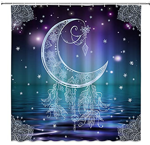 Moon Shower Curtain Set Starry Sky Dream Catcher Feather Meditation Pond Abstract Mandala Pattern Bohemian Vintage Flowers Romantic Chic Hippie Girl Bathroom Fabric Bathtub Decor with Hooks