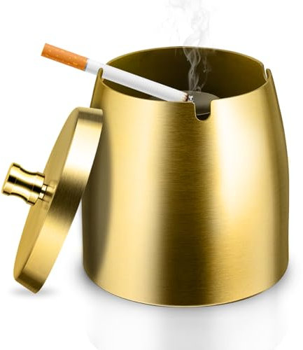 GothicBride Aschenbecher Edelstahl mit Deckel Schwerer Aschenbecher Sturm-Wind Rutschfestem Basis für Draußen und Innen Silber für Zigaretten-Reste und Asche in Garten Bar Büro (gold)