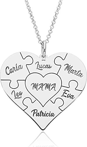 doble aro - Colgante Corazón Puzzle Personalizado - Collar Plata Corazón Personalizable - Colgante Corazón Plata, Plata de Ley 925/1000 con Cadena de 45 cm + Alargador