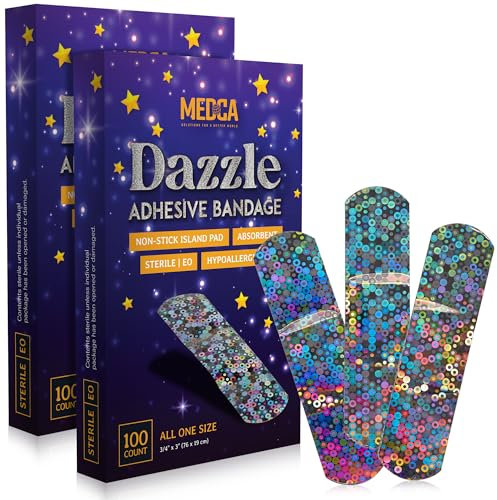 Glitzerverband für Kinder – (Box mit 200 Stück) Selbstklebende Verbandstreifen mit buntem Glitzerdesign und latexfreien, einzeln verpackten Streifen für Erste Hilfe