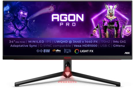 AOC AGON AG344UXM - 34 Inch QHD Gaming monitor, 170Hz, IPS, 1ms GTG, Mini LED, HDR1000 Height adjust, Speakers, FreeSync Premium, HDR1000 (2560x1440 @ 170Hz, HDMI 2.1 / DP 1.4 / USB-C 3.2), Black