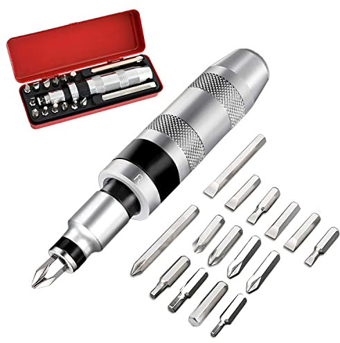 16 Pezzi Set Cacciavite a Percussione, Set Giraviti Contiene 15 Pcs Punte da 1/2'' a Testa Piatta, Croce ed Esagonali, con Scatola Portaoggetti (16 Set Cacciavite a Percussione)