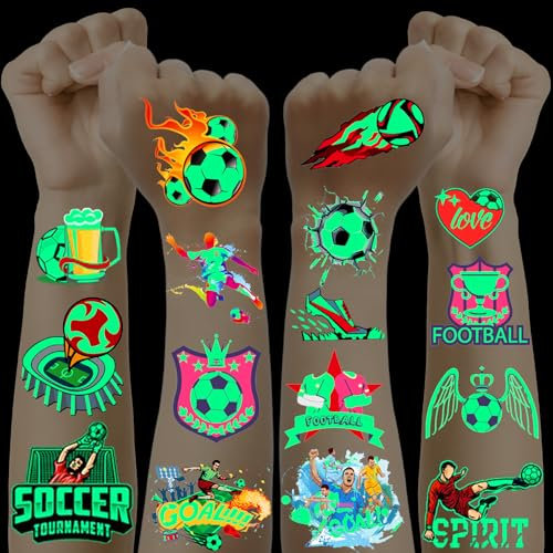 20 Blätter Fußball Tattoo Kinder, Leuchtende Kindertattoos Fussball Geschenke Jungen Mädchen, Coole Sachen für Jungs, Mitgebsel Kindergeburtstag Fußball Party Zubehör