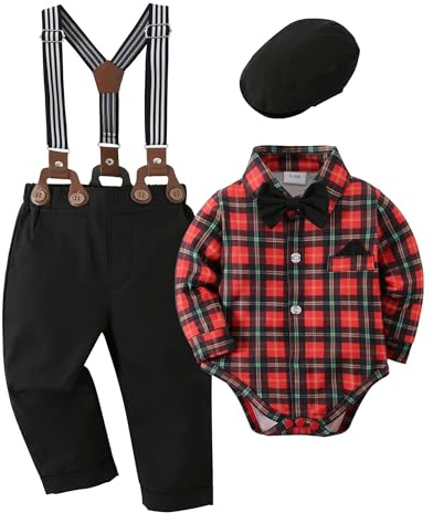 ZOEREA 4tlg Baby Jungen Kleidung Set Taufbekleidung Strampler mit Fliege + Hosenträge Baby Bekleidungssets Gentleman Anzug für Festliche Hochzeit Rot,0-3 Monate