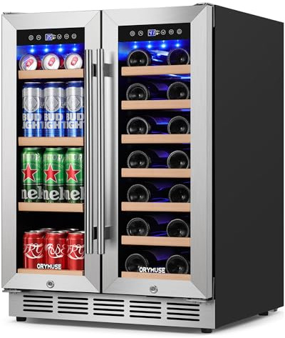 ORYMUSE 24 Inch Dual Zone Wine and Beverage Refrigerator, Built-in or Freestanding Cooler with French Doors, Under Counter Drink Fridge with Upgraded Compressor for Beer, Wine, and Soda