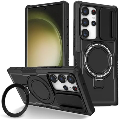 YOUULAR Coque de téléphone portable magnétique avec anneau de support à fenêtre coulissante pour Samsung Galaxy S23 Ultra, [Support de téléphone] – Coque de protection mate antichoc pour S23 Ultra –