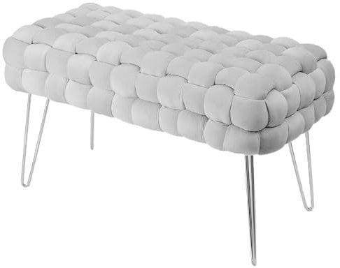 Zedelmaier Moderner Velvet SitzBank, Quadratisch Ottoman-Fußhocker mit Silbernen Metallbeinen, Gepolsterte SitzBank,Strick Samt Bank (Grau, 70x38x41.5cm)