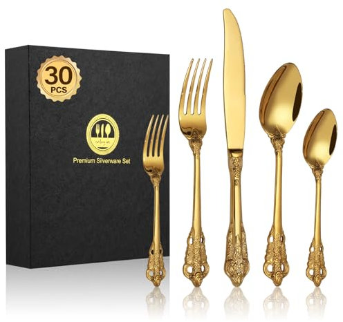 BEWOS Set Posate Palazzo d'Oro 30 Pezzi, Posate Acciaio Inox, Manici in Rilievo, Posate per Famiglia e Banchetti, Confezionati in Regalo, Lavabili in Lavastoviglie