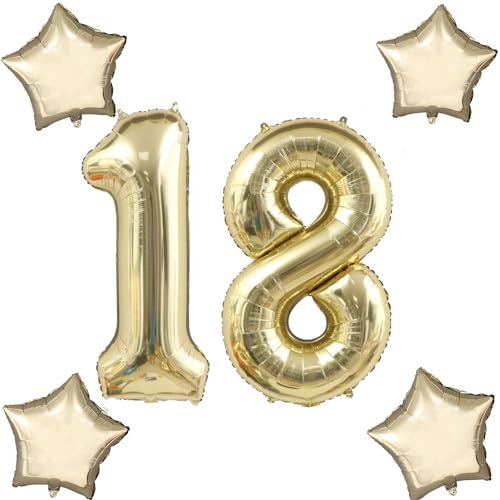 Blasses Gold Luftballons Zahl 18+4 pcs stern Folienballon Zahl 18 .Geburtstag mädchen,40 Riesenzahl Ballons 18.geburtstagsdeko Jungen,Zahlenballon 18, Helium Ballons 18 Zahlen Luftballons