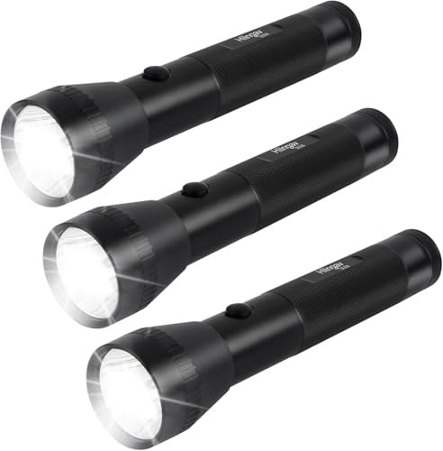 Hilngav Paquete de 3 linternas grandes LED de batería de 2 D resistentes, ultra brillantes, 600 lúmenes, modo único, aluminio, linterna de metal resistente para exteriores y cortes de energía de