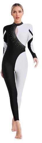 Agoky Damen Ganzkörper Gymnastikanzug Langarm Turnanzug Farbblock Jumpsuit Sport Body Ballett Tanz Eiskunstlauf Bekleidung Dancewear Weiß L