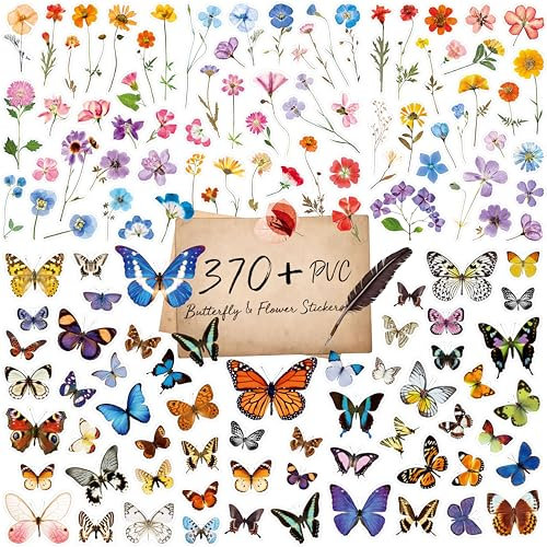 370+ PCS PVC Flower & Butterfly Stickers, Self-Adhesive Nature Floral Stickers for Scrapbook, Laptop, Journal, DIY Project, Spring Themed Party Decors