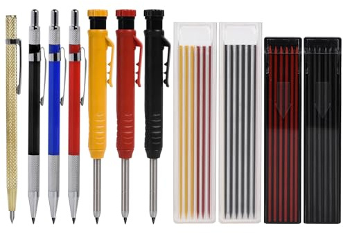Funnytek Tieflochmarker, Tischler Bleistift, 7 Stück Set mit 42 Bleistiftminen (Eingebauter Anspitzer), Zimmermannsbleistift Handwerker DIY Werkzeug auf Holz Beton Fliesen