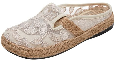 Generisch ene Schuhe Damen Hochzeit Sommer-Slipper aus gewebtem Leinen für Damen im Halbpack mit Ethno-Stickerei Schuhe Damen Sneaker Optik (Beige, 37)