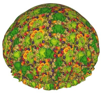 Wiederverwendbare Doppelschicht-Duschhaube, Frosch-Druck, Bade-Duschhaube, Damen, große Duschhauben