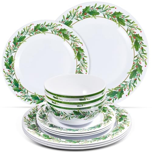 Ziliny 12-teiliges Weihnachts-Melamin-Geschirr-Set, 4 Stück 27,9 cm Speiseteller, 20,3 cm Teller und 15,2 cm Suppenteller, Stechpalmenblatt, Weihnachtsgeschirr, Geschenk für Zuhause, Party, Feste