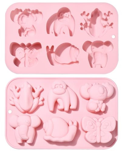 Ipotkitt 2 moldes de silicona de dibujos animados rosados con forma de mariposa, elefante, rana, moldes de silicona para galletas de animales, moldes de chocolate para manualidades, fiestas,