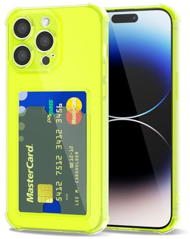 Svanove for iPhone 14 Pro Case Wallet Clear, Card Holder Case with Credit Card Slot, Thin Slim Transparent Silicone Grip Soft Rubber Protective Shockproof Airbag Bumper for Women, Neon Green