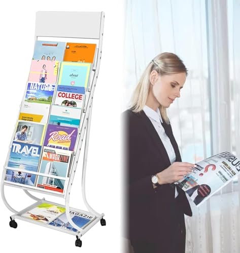 KHLMSRXJ Newspaper rack Heavy Duty Brochure Holder, Rolling Magazine Holder For Office/Reception Area/Commercial Exhibition, Poster Flyer Display (Colour: White) Bookstand (Color : White)