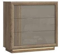 möbelando Kommode >Savona< LED, 3 Schübe, Beige Glanz/Eiche Antik Dekor - 103x98,2x42,3cm BxHxT