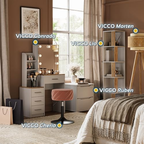 Vicco Schminktisch mit LED Beleuchtung Weiß/Sonoma Conrada 36x131.6x80 cm - Frisiertisch, Perfekte Lösung für kleine Räume – maximale Nutzung von Stauraum