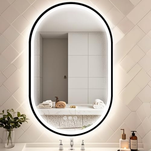 STARLEAD 800x500 mm Oval-Bathroom-Mirror-with-LED-Lights, Bluetooth, LED-Bathroom-Wall-Mirror with 3 Colours Dimmable, Defogging, IP44, HD Tempered Glass, Horizontal/Vertical, Black Paint