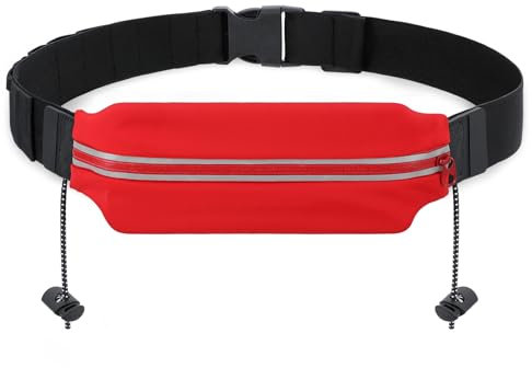 JasGood Triathlon Startnummernband Laufgürtel Sportgürtel Hüfttasche Verstellbar Laufgurt mit Nummernhalter 4 Gel-Halter Running Belt Bauchtasche Lauftasche für Joggen Marathon,Rot,75cm