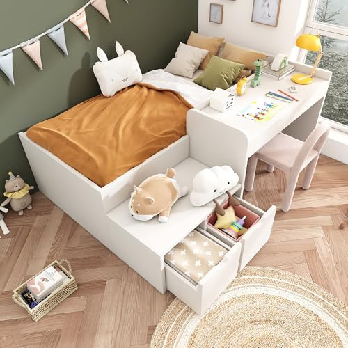 Zravenna Massiveholzbett Kinderbett 90 x 200 cm mit Schreibtisch und Zwei Schubladen, Multifunktionsbett Jugendbett mit Stauraum, für Jungen und Mädchen, Weiß