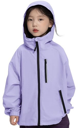 Rolanko Giacca Impermeabile con Cappuccio per Ragazze, Impermeabile Leggera Giacca a vento Giacche da Pioggia Outwear per Bambini Ragazzi 7-14 Anni, Viola, Taglia: 130/7-8 anni