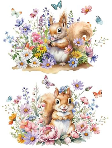 Joeyan Rub On Sticker, Groß Möbelaufkleber (2 Stück 42*30cm) Transferfolie Möbel Selbstklebend Easy Rub On Folie zum Basteln & Dekorieren für DIY Glas Holz Keramik Metall,Eichhörnchen in Blume Cluster